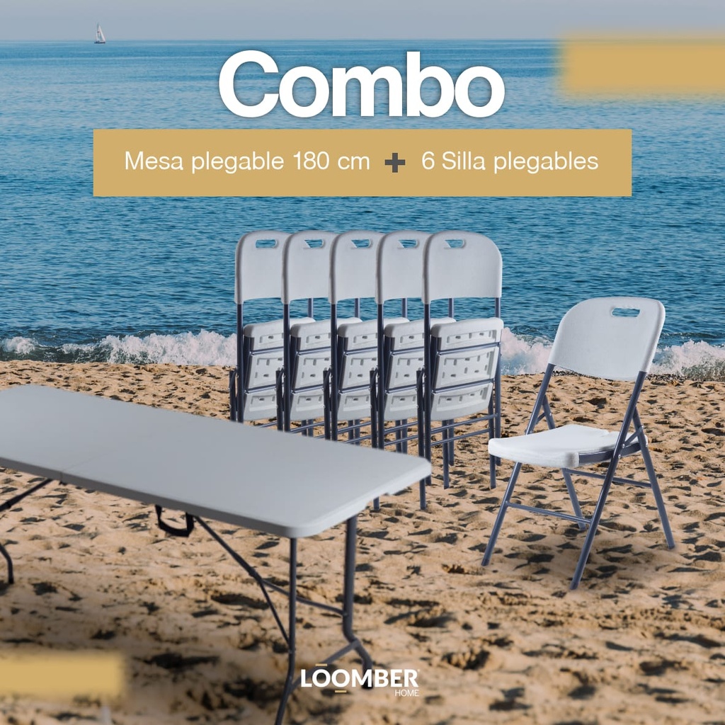 Combo Mesa Plegable 180 Verona + 6 Sillas Plegables Blancas
